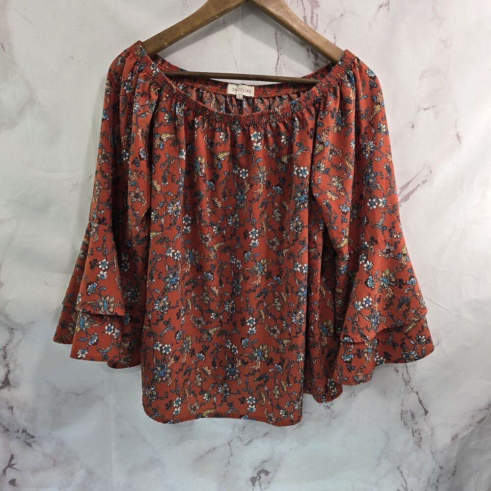 Anthropologie Shirt Womens Small Orange Blue Floral Blouse Off Shoulder